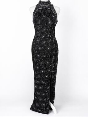 Papell Boutique Black Beaded Halter Maxi Gown with Sparkle